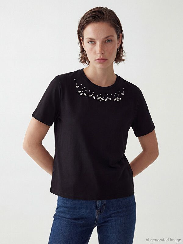 Moudda LC Waikiki - Body manches courtes en jersey pour Femme couleur Noir - Tunisie 1