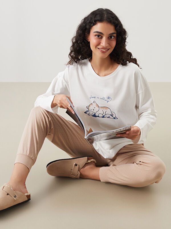 Moudda LC Waikiki - Pyjama en jersey manches longues Femme Imprimé beige - Tunisie 1