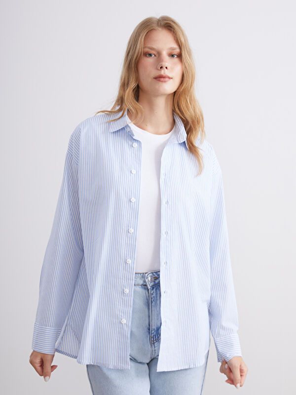 Moudda LC Waikiki - Chemise tissée manches longues Femme Bande bleu clair - Tunisie 1