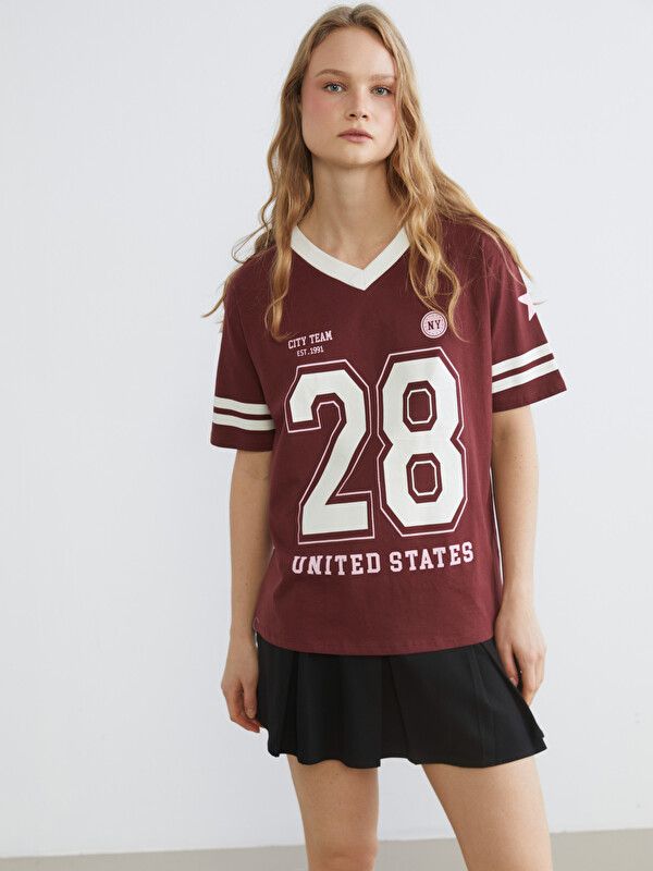 Moudda LC Waikiki - Body imprimé manches courtes en jersey pour Femme couleur Bordeaux - Tunisie 1