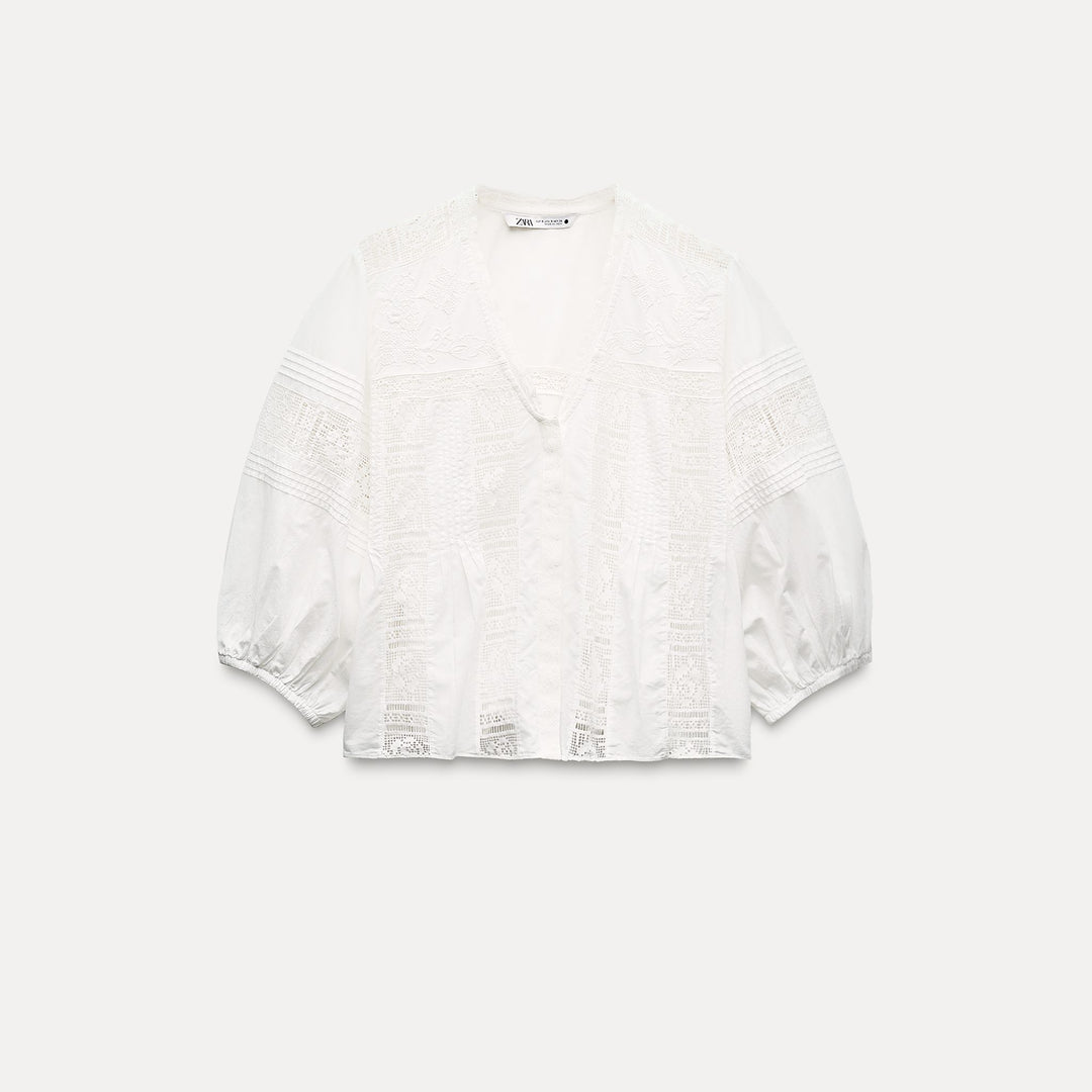 Moudda ZARA - Chemise voile col en V entre-deux et pinces manches 3/4 - Tunisie 1