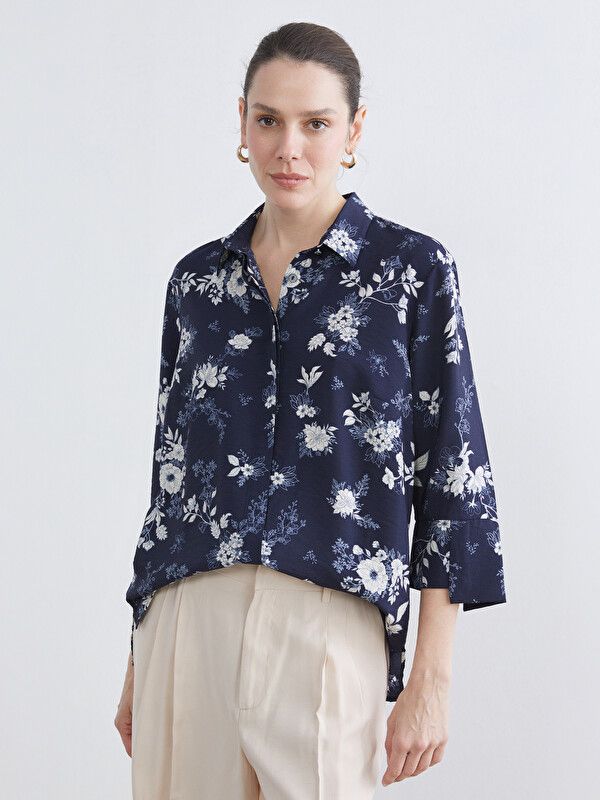Moudda LC Waikiki - Chemise imprimée manches longues en tissu pour Femme couleur Bleu marine imprimé - Tunisie 1