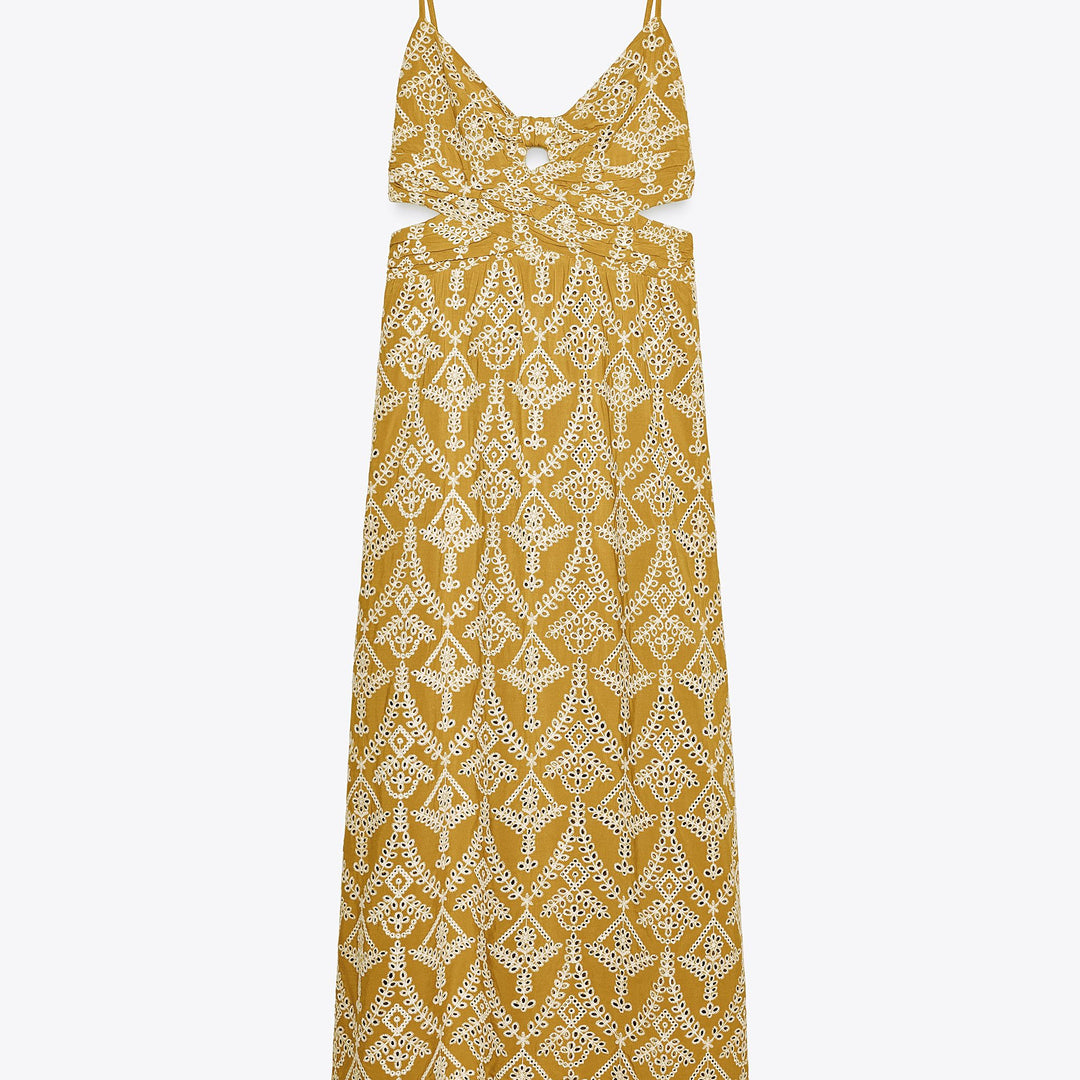 Moudda ZARA - Robe Midi Bretelles - Nœud Poitrine & Broderie Bicolore - Tunisie 1