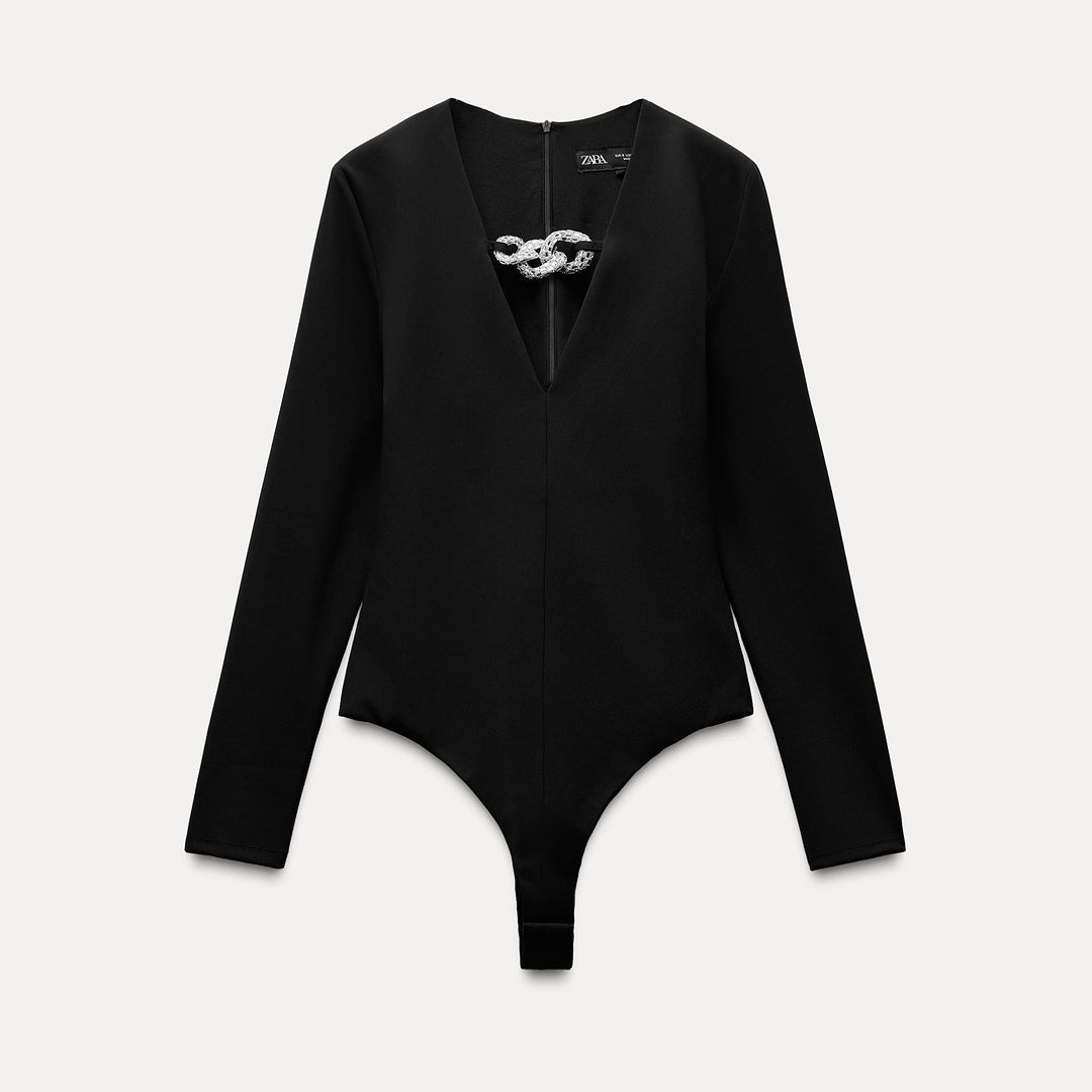 Moudda ZARA - Body extensible manches longues encolure en V détail bordure - Tunisie 1