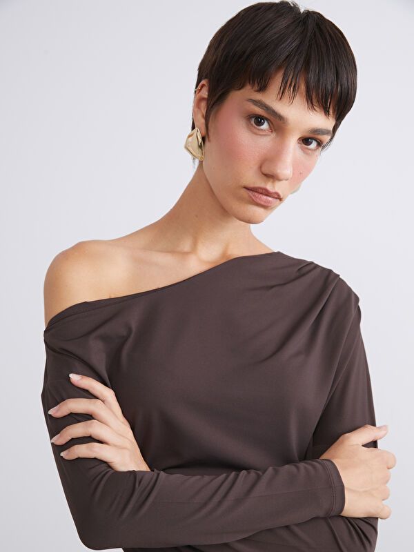 Moudda LC Waikiki - Body en jersey manches longues Femme Brun foncé - Tunisie 1