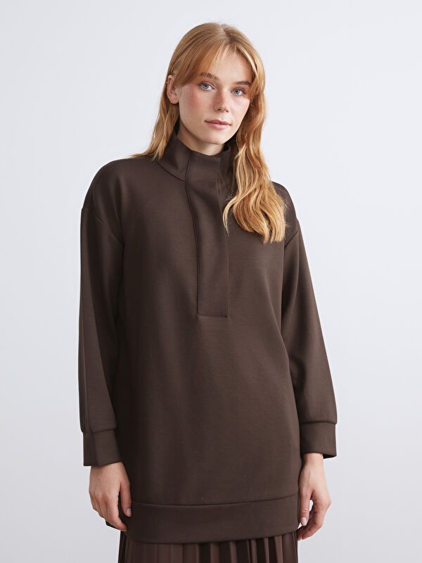 Moudda LC Waikiki - Tunique manches longues en jersey couleur Marron foncé pour femmes - Tunisie 1