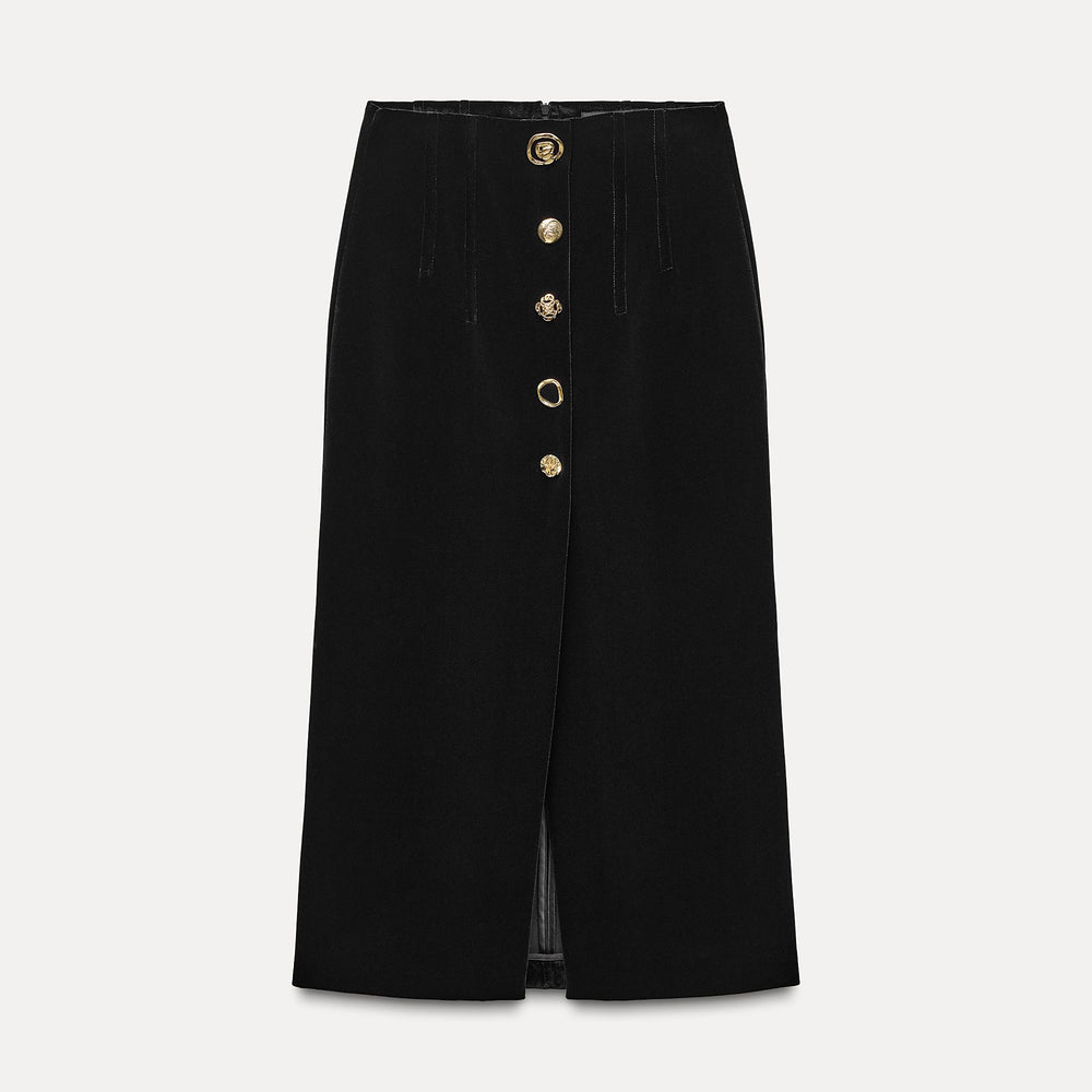 Moudda ZARA - Jupe mi-longue tubulaire velours boutons dorés - Tunisie 2