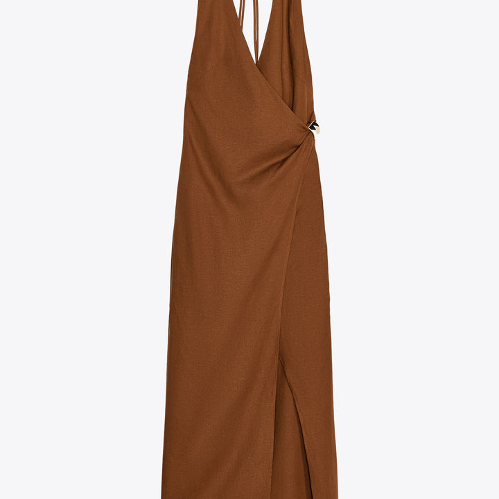 Moudda ZARA - Robe Midi - Encolure Croisée & Boucle Latérale Lin Stretch - Tunisie 1