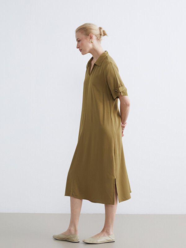 Moudda LC Waikiki - Robe manches courtes en tissu pour Femme couleur Vert huile - Tunisie 1