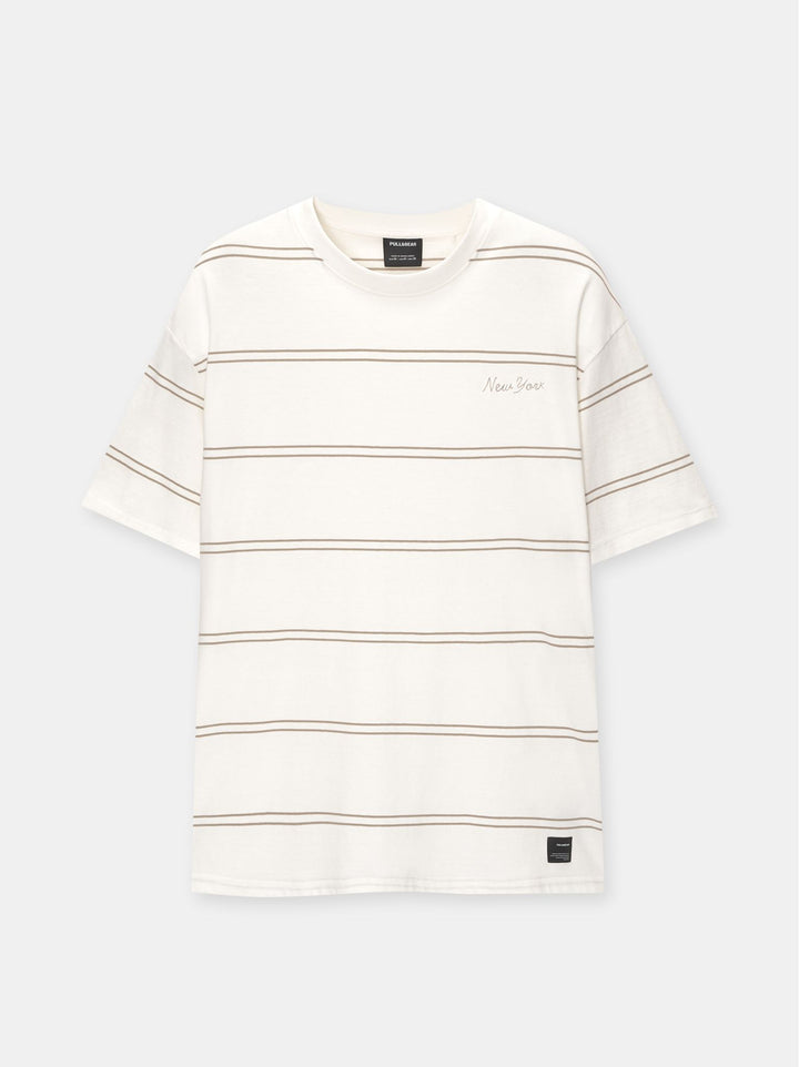 Moudda PULL & BEAR - T-Shirt Rayure Fine Tissée Brodé New York - Tunisie 1