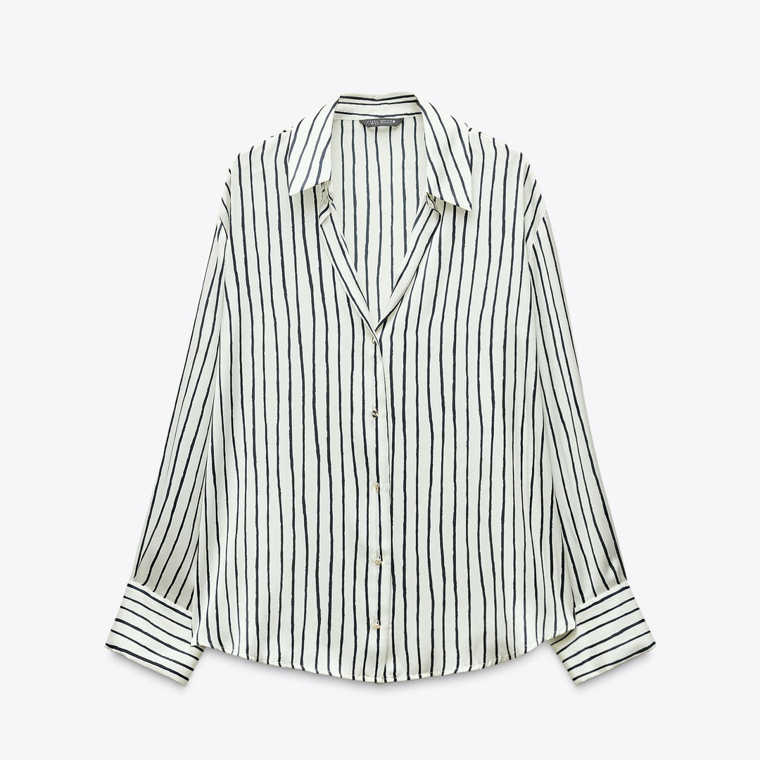 Moudda ZARA - Chemise Satin - Rayures, Encolure Forcée & Bouton Doré - Tunisie 1