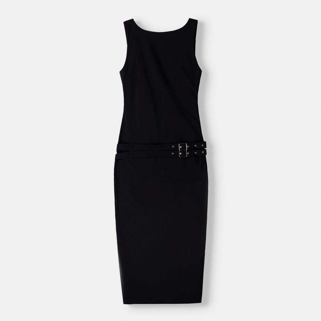 Moudda BERSHKA - Robe mi-longue bengaline noire, ceinture boucle - Tunisie 1