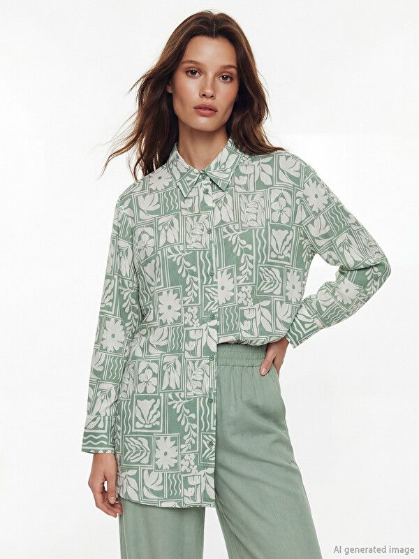 Moudda LC Waikiki - Tunique manches longues en tissu pour Femme couleur Vert clair imprimé - Tunisie 1