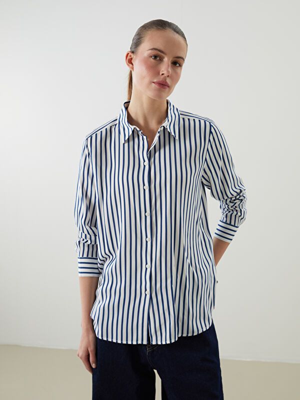 Moudda LC Waikiki - Chemise tissée manches longues Femme Rayures bleues - Tunisie 1