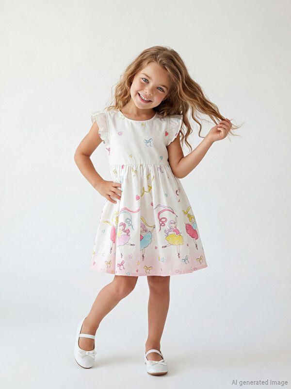 Moudda LC Waikiki - Robe manches courtes en tissu pour Fille couleur Écru - Tunisie 1