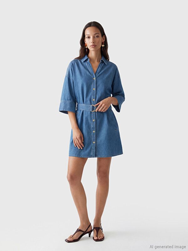 Moudda LC Waikiki - Robe manches courtes en jean pour Femme couleur Rodeo Bleu indigo moyen - Tunisie 2
