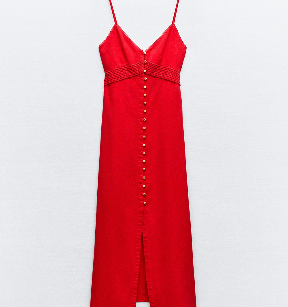 Moudda ZARA - Rouge – robe mi-longue lin/viscose fines bretelles boutons devant - Tunisie 2