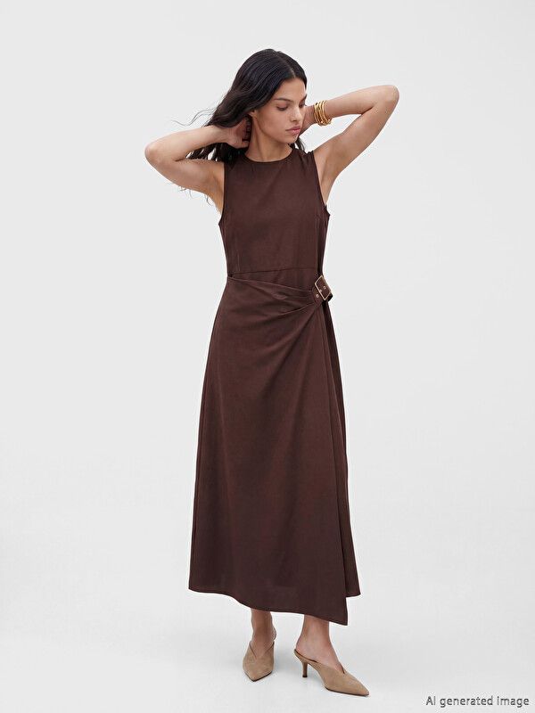Moudda LC Waikiki - Robe manches courtes en tissu pour Femme couleur Marron foncé - Tunisie 1