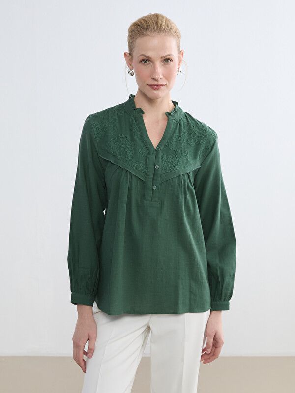 Moudda LC Waikiki - Chemisier (blouse) manches longues en tissu pour Femme couleur Vert foncé - Tunisie 1