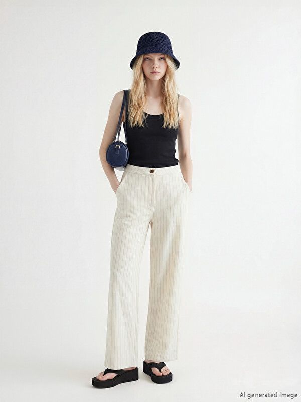 Moudda LC Waikiki - Pantalon fin en tissu pour Femme couleur Beige rayé - Tunisie 1