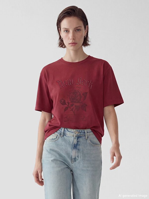 Moudda LC Waikiki - Body imprimé manches courtes en jersey pour Femme couleur  Bordeaux - Tunisie 1