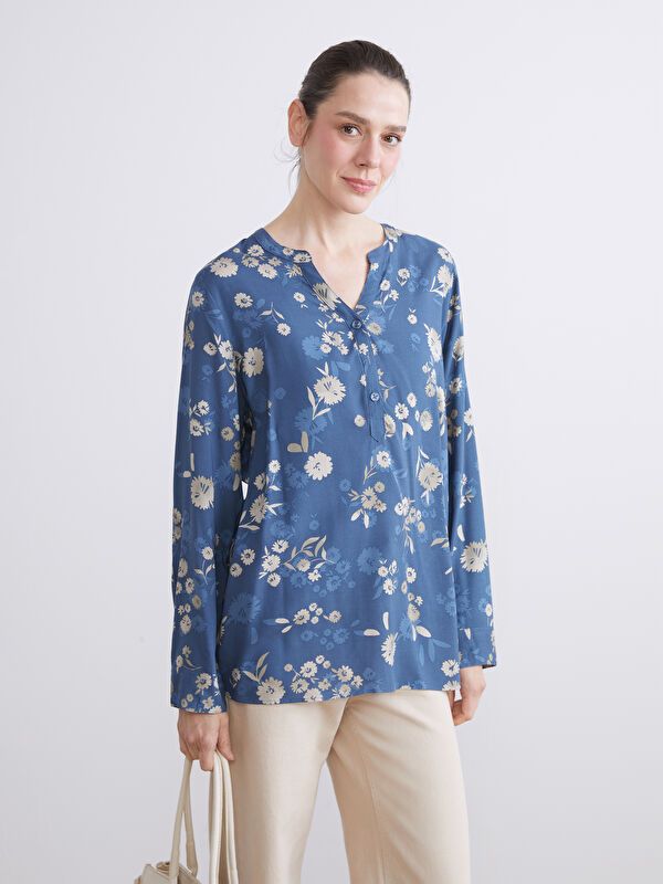 Moudda LC Waikiki - Blouse tissée imprimée manches longues Femme Imprimé bleu marine clair - Tunisie 1