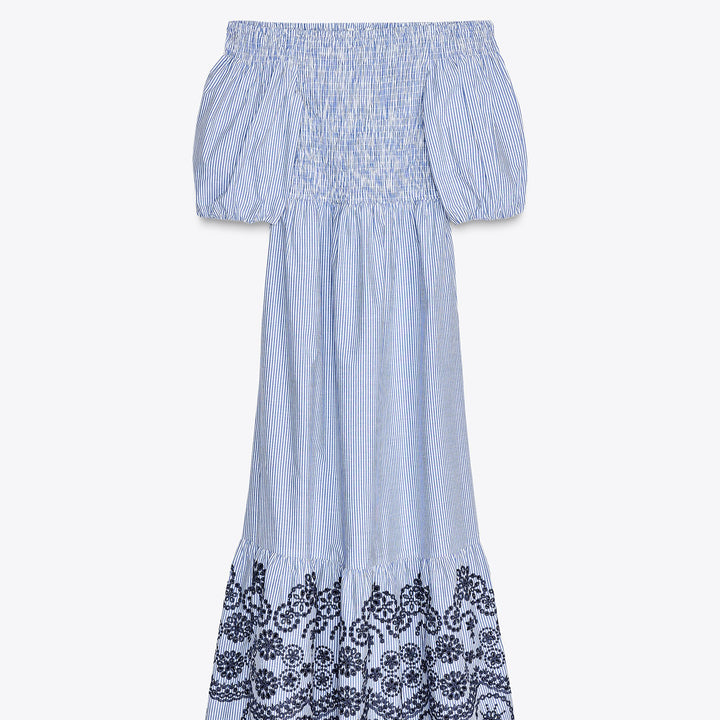 Moudda ZARA - Robe Midi - Rayure, Broderie Suisse, Off-Shoulder & Manches Bouffantes - Tunisie 1