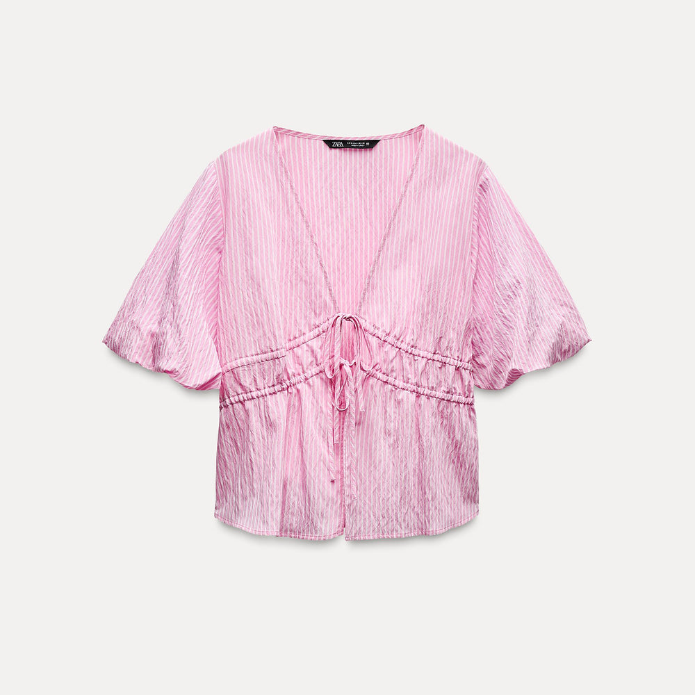 Moudda ZARA - Top rayé rose petits nœuds encolure manches bouffantes - Tunisie 2