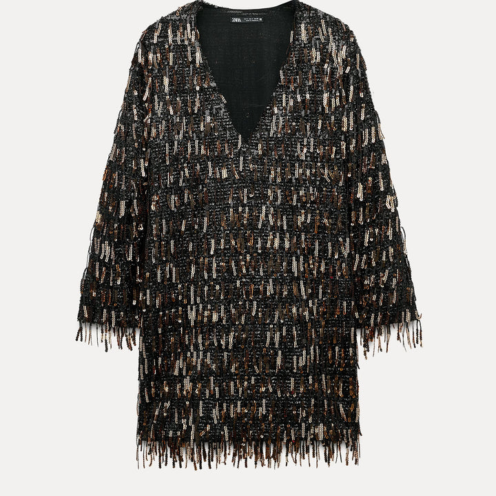 Moudda ZARA - Robe courte manches longues, col en V pailletée - Tunisie 2