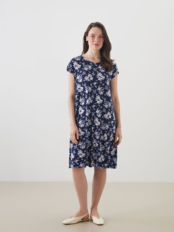 Moudda LC Waikiki - Robe en jersey manches courtes Femme Bleu marine brillante imprimé - Tunisie 1