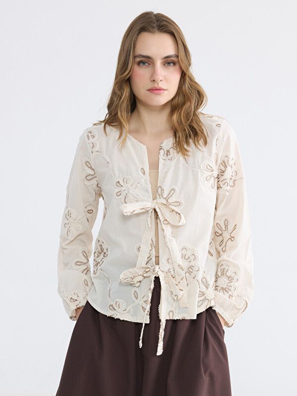 Moudda LC Waikiki - Chemisier (blouse) manches longues en tissu pour Femme couleur Écru - Tunisie 1