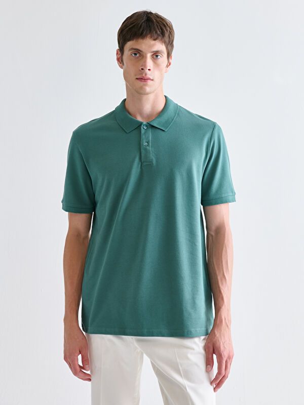 Moudda LC Waikiki - T-shirt col polo basique manches courtes en jersey couleur Vert moyen pour hommes - Tunisie 1