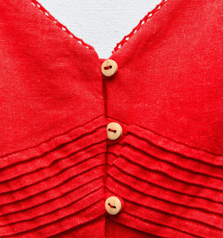 Moudda ZARA - Rouge – robe mi-longue lin/viscose fines bretelles boutons devant - Tunisie 3