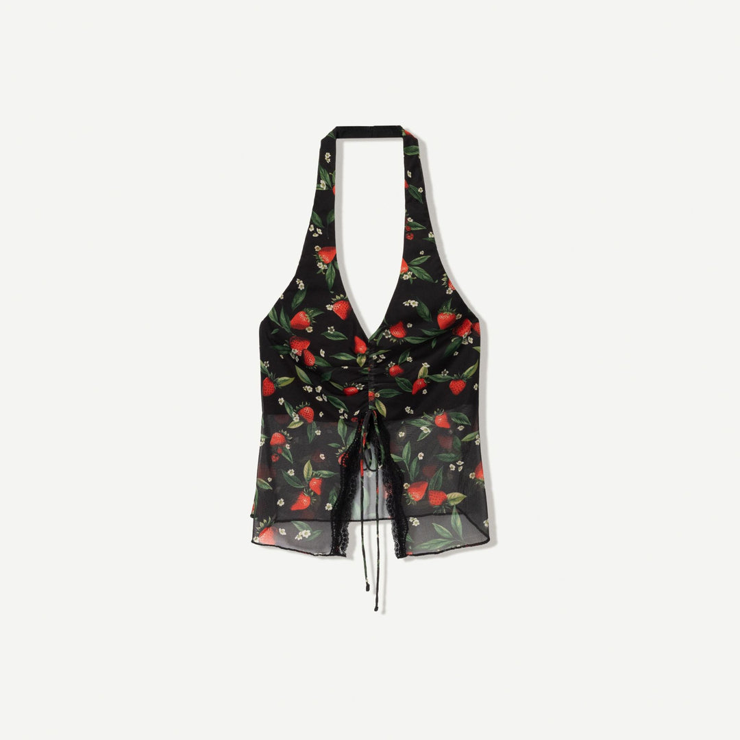 Moudda BERSHKA - Top Halter - Imprimé Fraises, Dentelle & Fronces - Tunisie 1