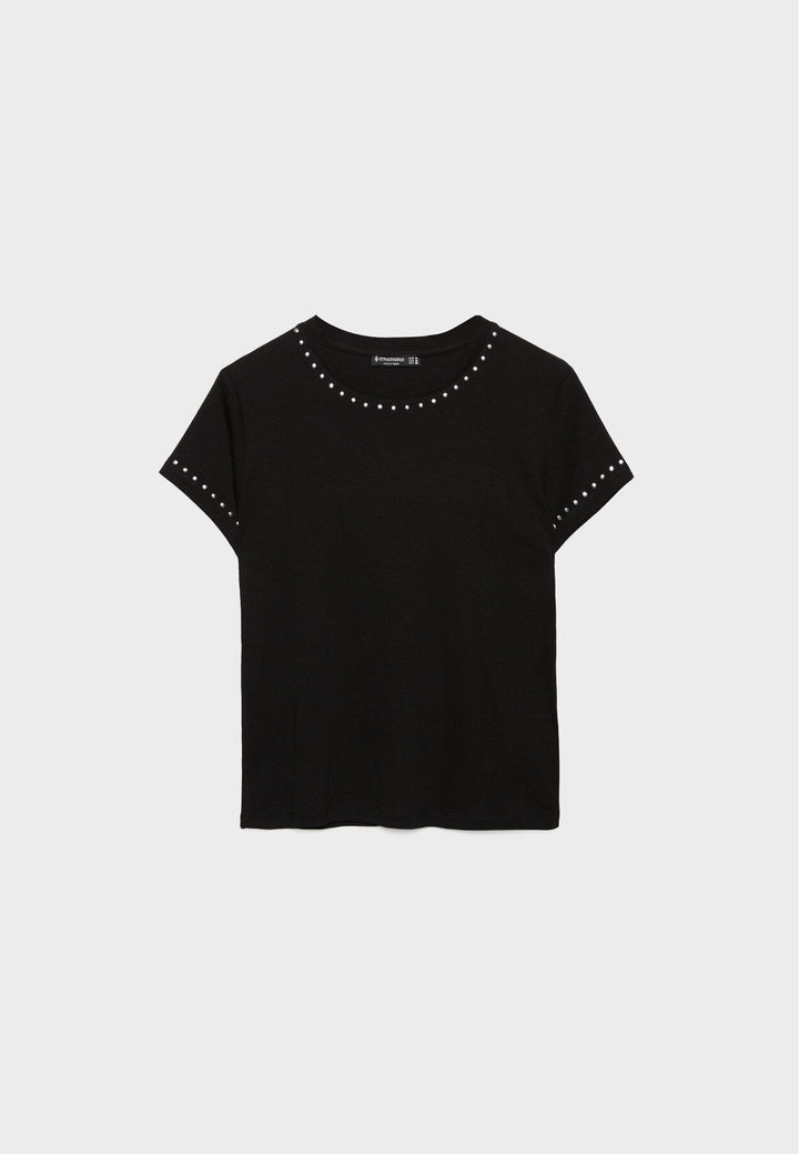 Moudda STRADIVARIUS - T-Shirt Regular M/C Col Rond Fitted avec Détail Clous - Tunisie 2