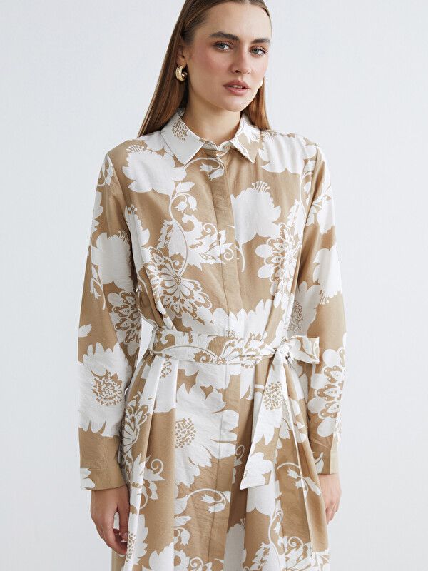 Moudda LC Waikiki - Robe manches longues en tissu pour Femme couleur Beige imprimé - Tunisie 1