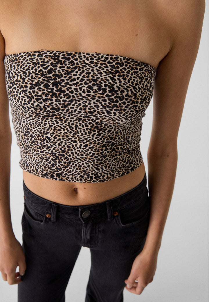 Moudda STRADIVARIUS - T-Shirt Crop Bandeau Basique Coton Élasthanne Imprimé - Tunisie 4