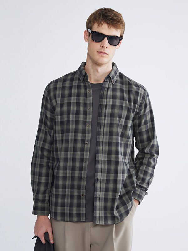 Moudda LC Waikiki - Chemise manches longues en tissu couleur Vert kaki à carreaux pour hommes - Tunisie 1