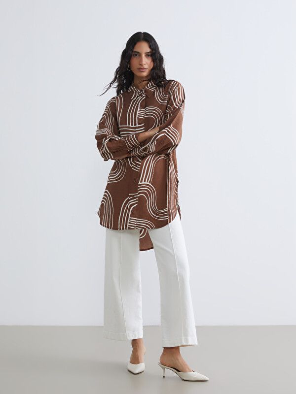 Moudda LC Waikiki - Tunique manches longues en tissu pour Femme couleur Marron imprimé - Tunisie 2