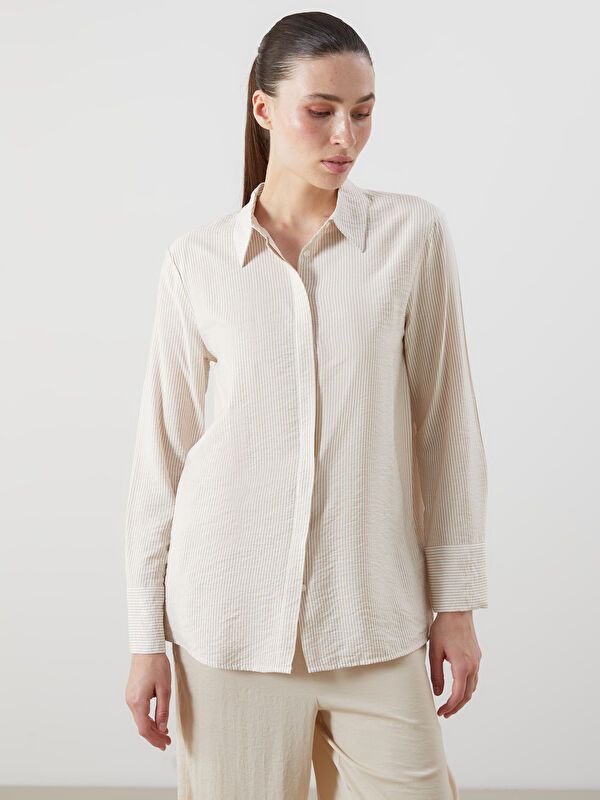 Moudda LC Waikiki - Chemise tissée manches longues Femme Rayures beiges - Tunisie 1