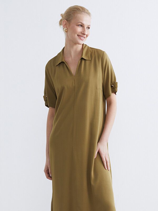 Moudda LC Waikiki - Robe manches courtes en tissu pour Femme couleur Vert huile - Tunisie 2