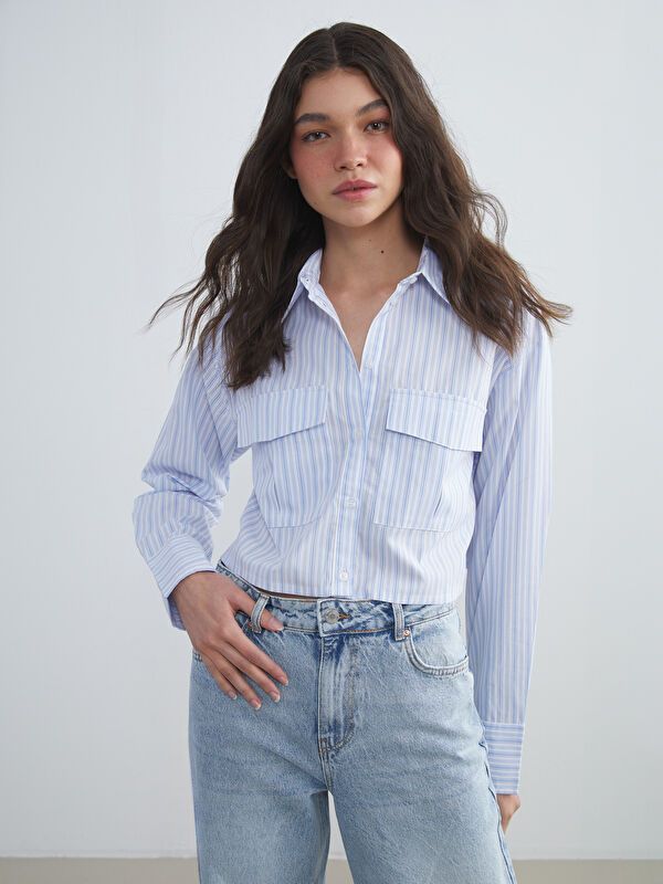 Moudda LC Waikiki - Chemise tissée manches longues Femme Rayures bleu moyen - Tunisie 1