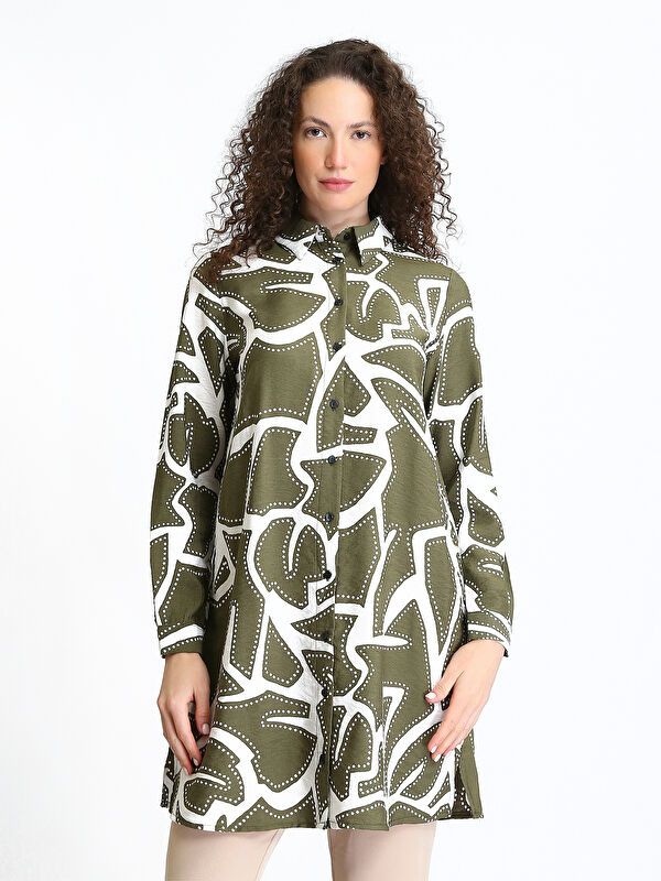 Moudda LC Waikiki - Tunique tissée imprimée manches longues Femme Kaki imprimé - Tunisie 1