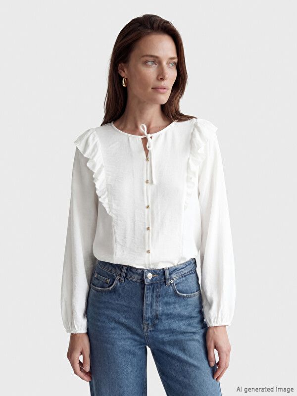 Moudda LC Waikiki - Chemisier (blouse) manches longues en tissu pour Femme couleur Beige clair - Tunisie 1