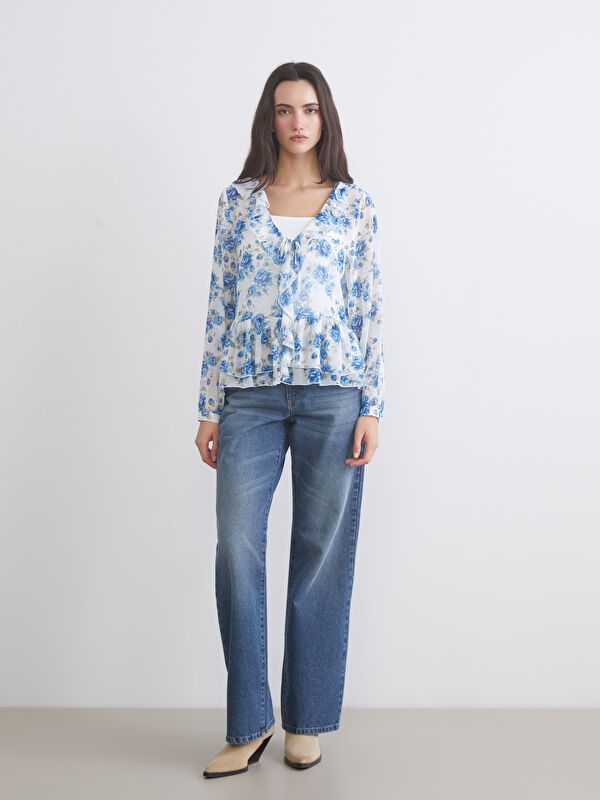 Moudda LC Waikiki - Blouse tissée manches longues Femme Impression bleu clair - Tunisie 2