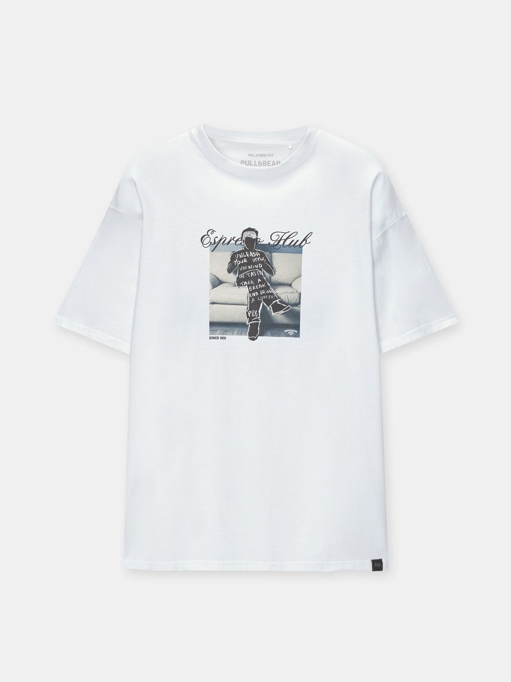 Moudda PULL & BEAR - T-Shirt Demi-Manches Blanc P&B Café Brodé Dos et Devant - Tunisie 2