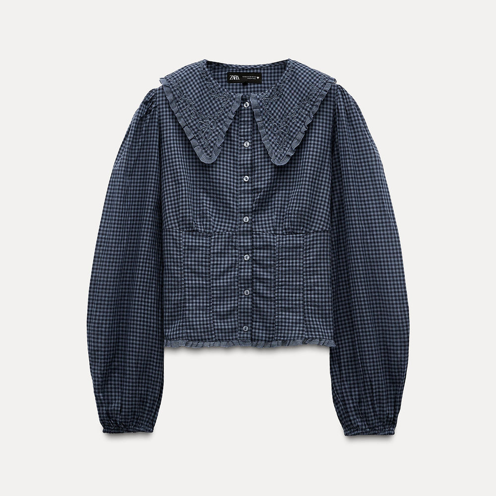 Moudda ZARA - Chemise manches longues col rond imprimée Vichy brodée - Tunisie 2