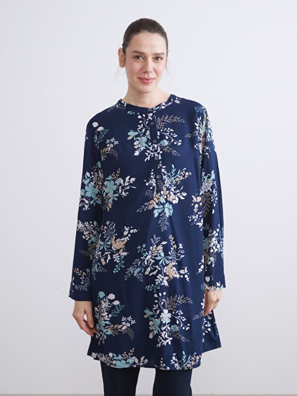 Moudda LC Waikiki - Tunique tissée imprimée manches longues Femme Imprimé bleu marine foncé - Tunisie 1