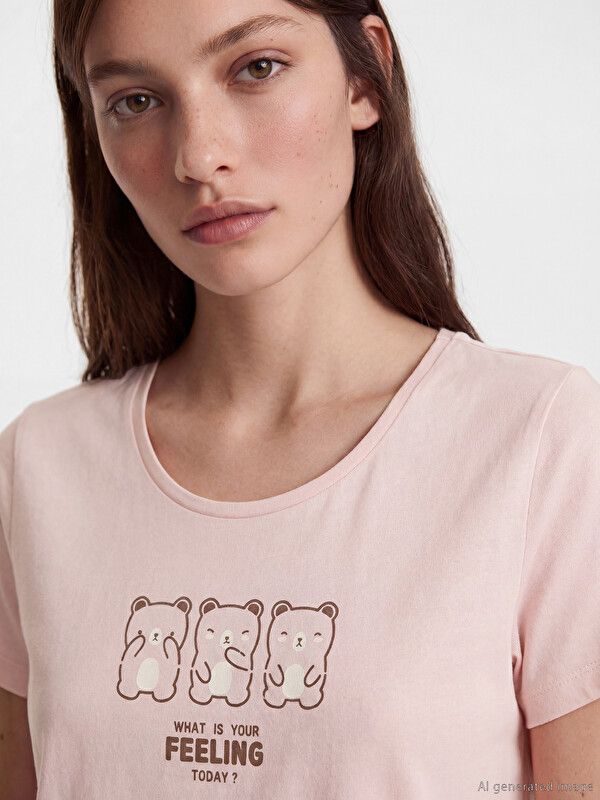 Moudda LC Waikiki - Pyjama manches courtes en jersey pour Femme couleur Rose imprimé - Tunisie 3