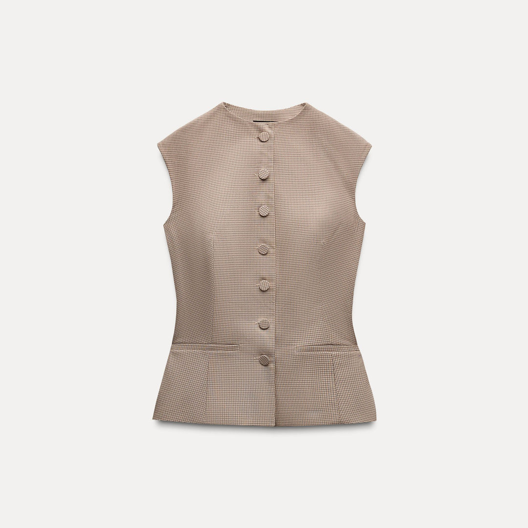 Moudda ZARA - Top carreaux poliviscose col rond manches courtes boutons recouverts - Tunisie 1